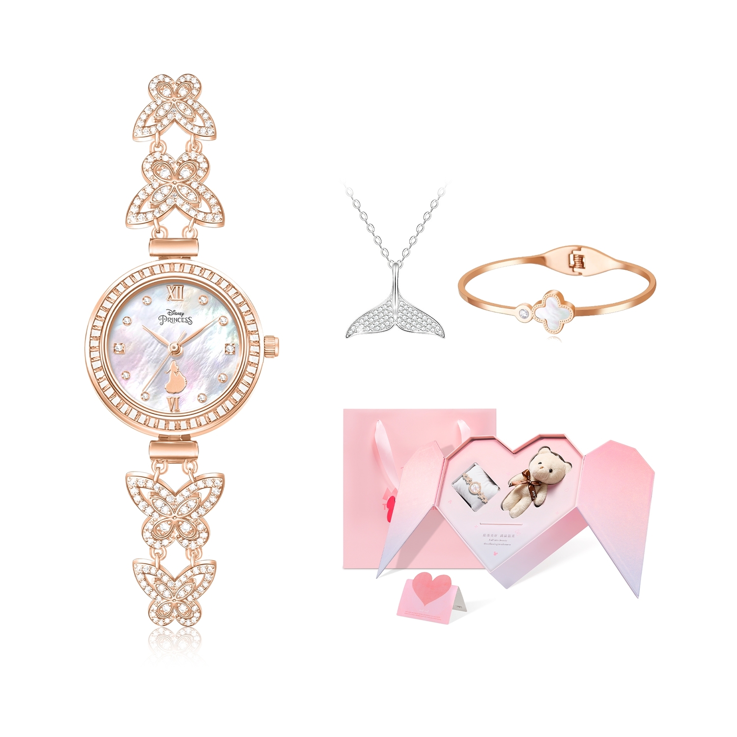 

Женские часы Princess с кварцевым механизмом и металлическим ремешком, циферблат с перламутровым покрытием Disney, золотоen butterfly wan ying[disney peach box+bangle+necklace+custom greeting card]