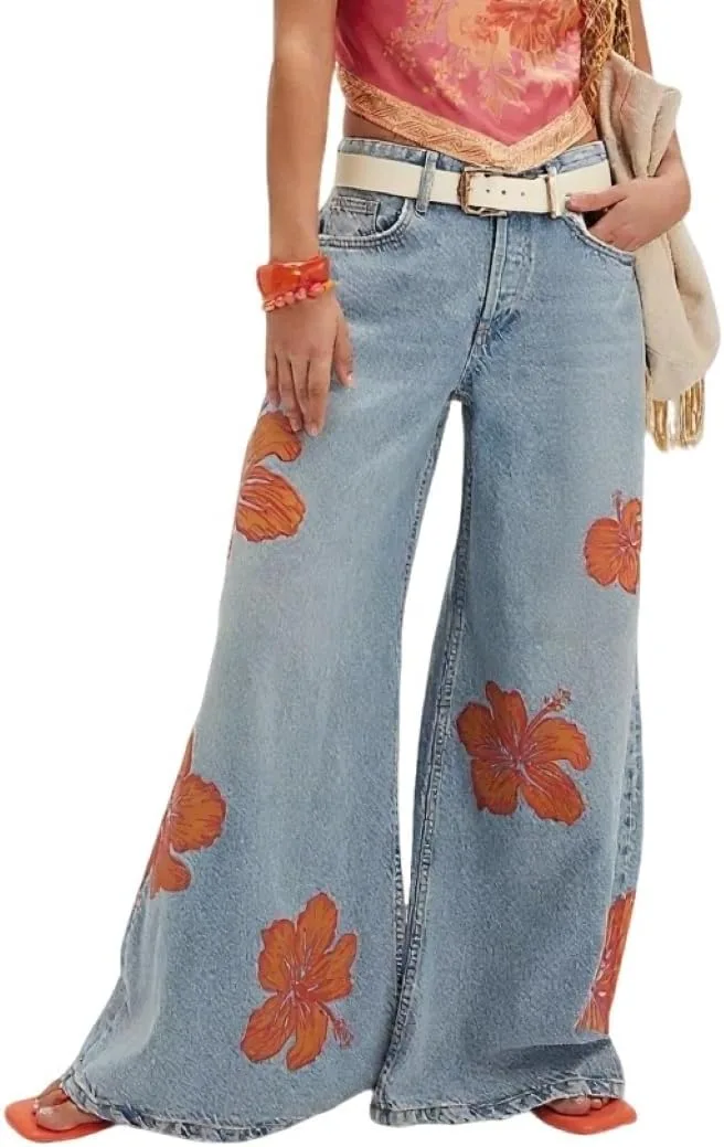 

CHARTOU Женские джинсы с цветочным принтом, широкие, свободные, с высокой талией