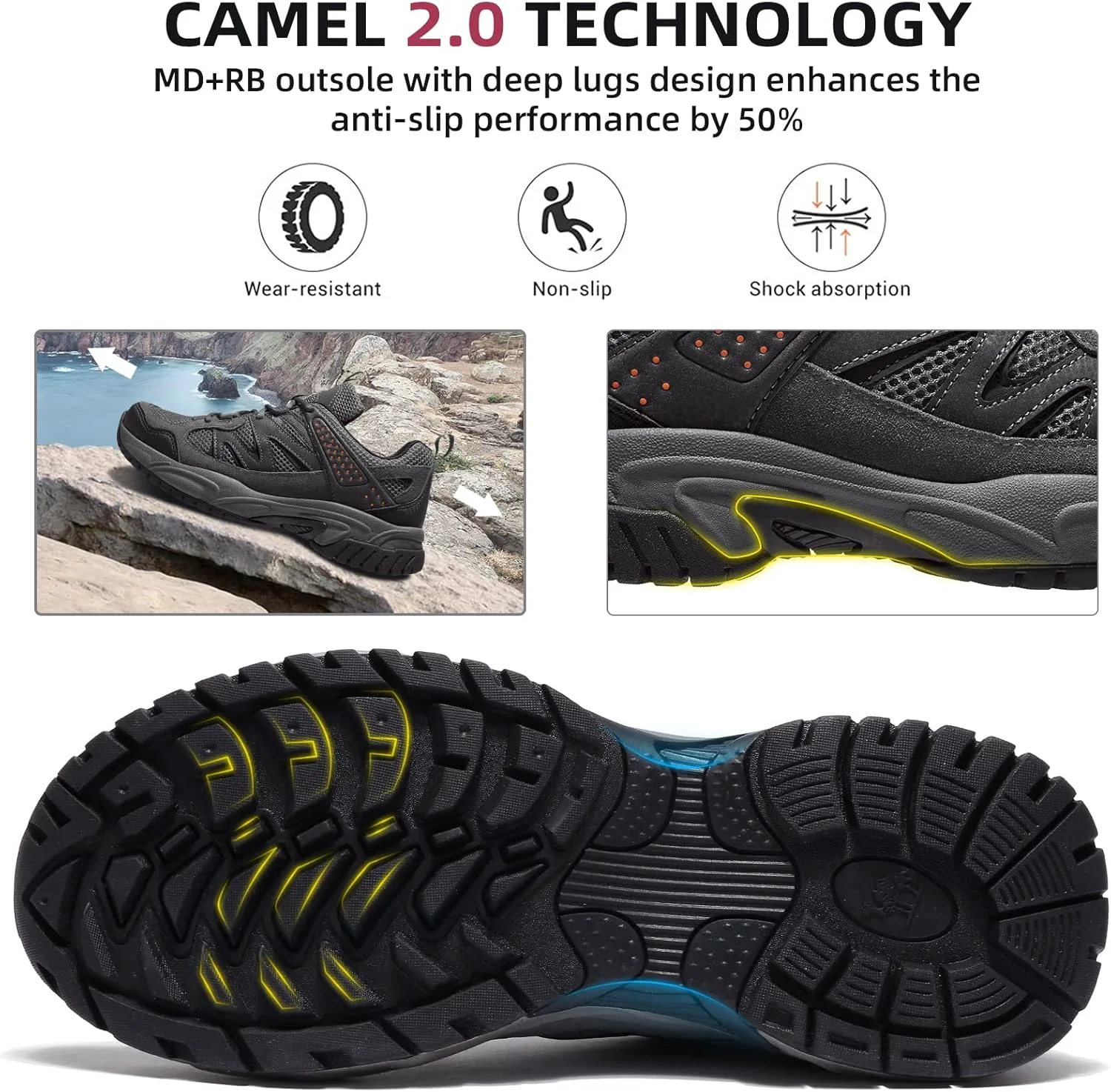 Мужские походные кроссовки CAMELSPORTS, легкие, с противоскользящей подошвой, дышащие, низкие, для прогулок на открытом воздухе, трекинга, пеших походов и скалолазания, темно-серый — фото 2