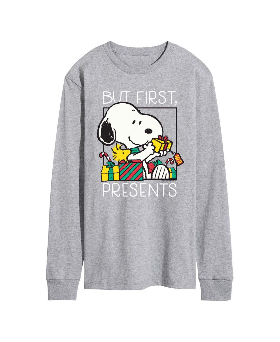 

Мужская футболка с длинными рукавами с графическим принтом "Peanuts Christmas Snoopy But First Presents" AIRWAVES, Athletic heather