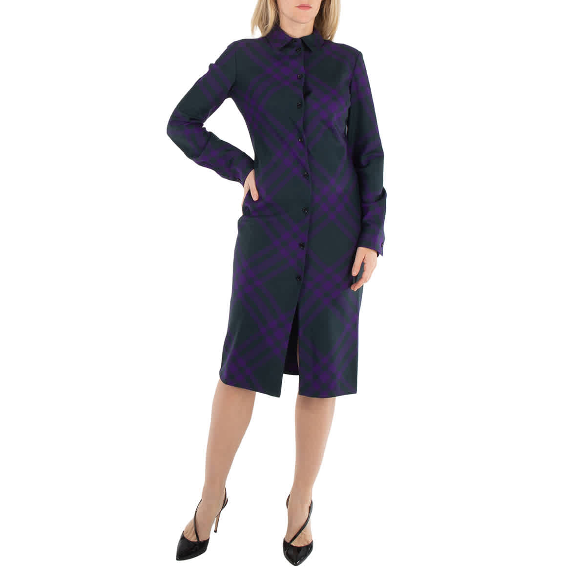 

Burberry Длинный рукав Клетчатая Шерстяная Сорочковая платье, Deep Royal Ip Check