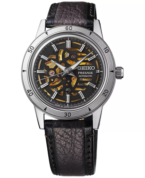 

Мужские автоматические часы Presage в стиле 60-х годов с коричневым кожаным ремешком, 40 мм Seiko, black