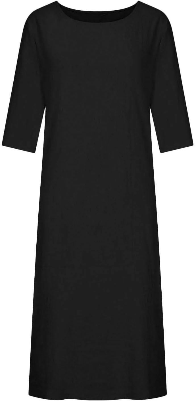 Платье летнее женское Plus Size из льна с коротким рукавом и круглым вырезом, свободное, миди до колена Generic, черный — фото 3