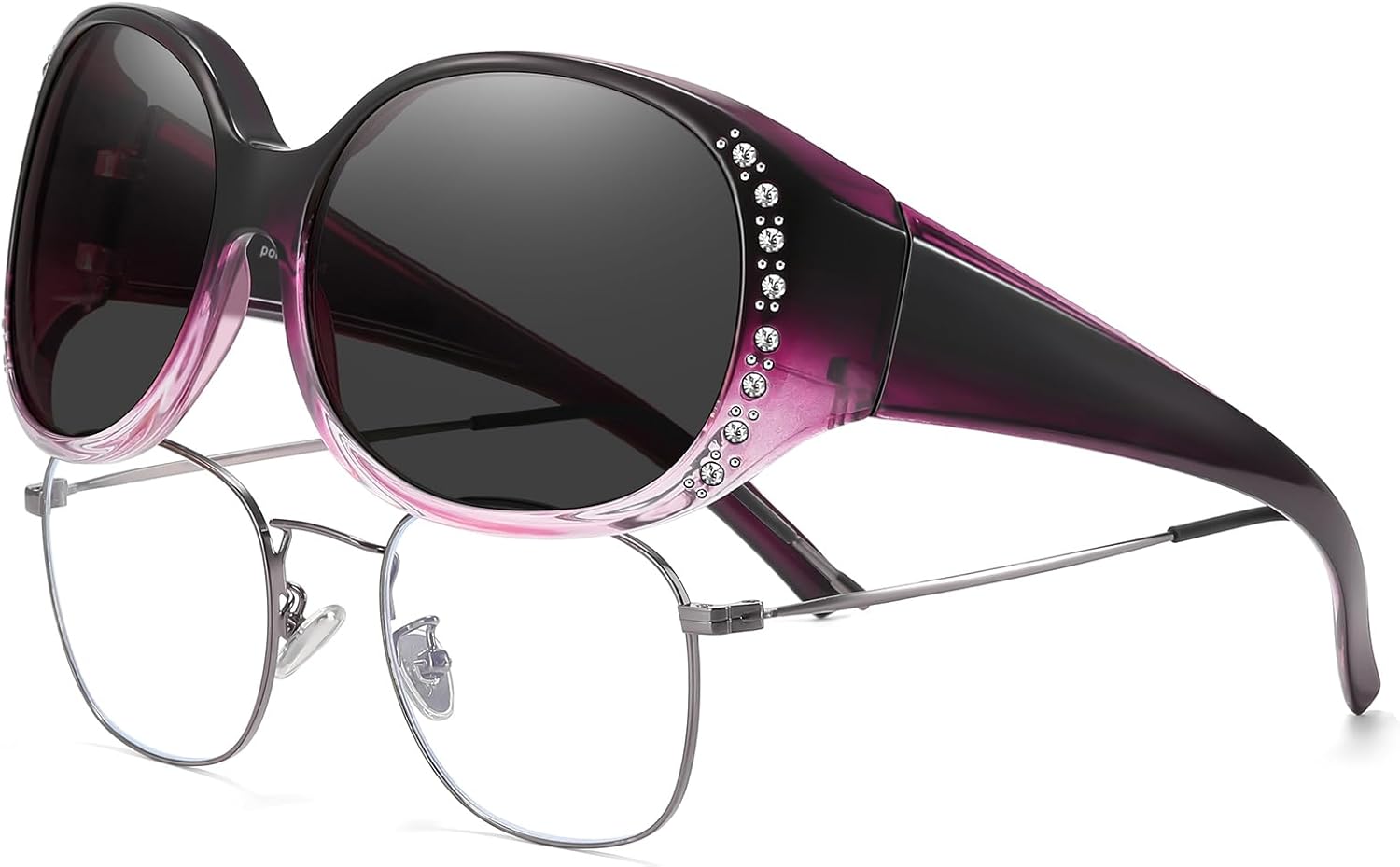 

Женские поляризованные солнцезащитные очки HAOLOTA с блестками, солнцезащитные очки для коррекции зрения, защита от УФ-излучения UV400, L Size Gradient Purple Frame Grey Lens