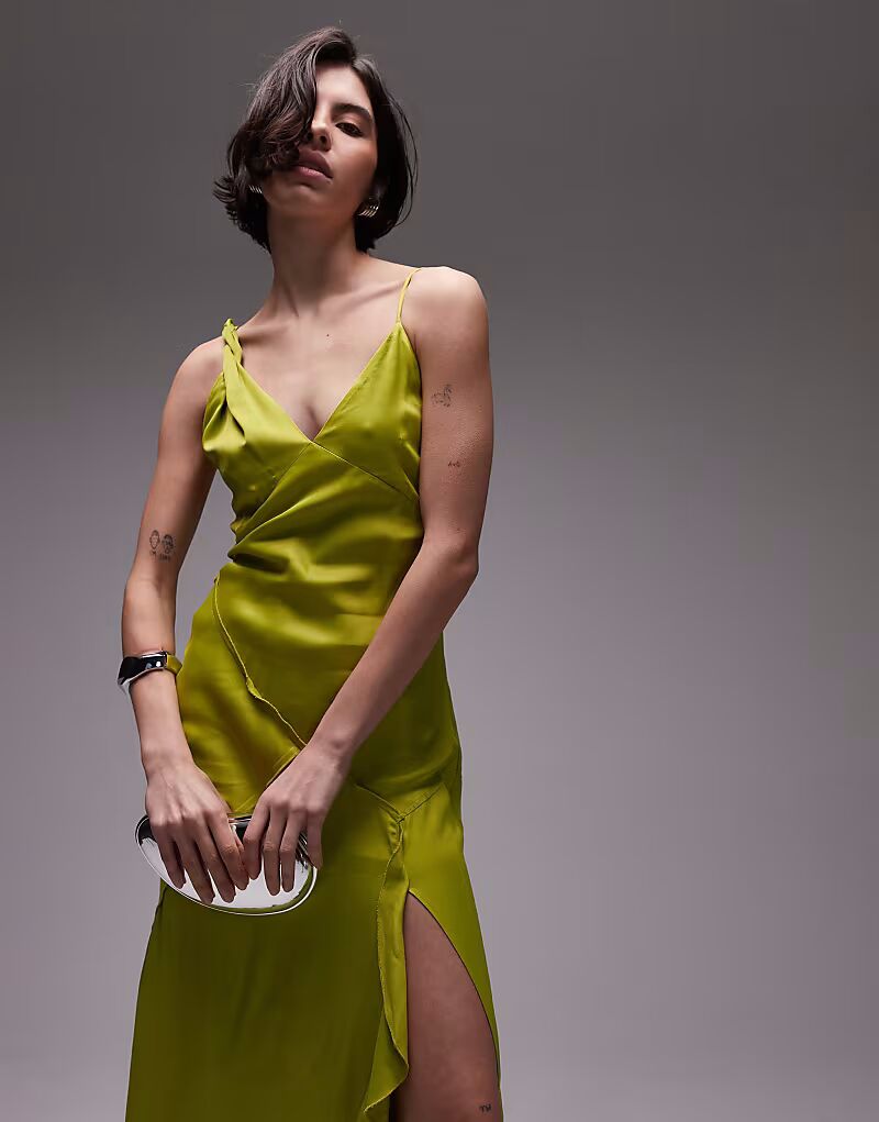 

Платье-комбинация миди с открытыми швами и закругленными плечами цвета лайма Topshop