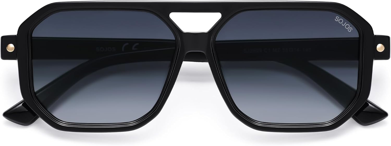 

Солнцезащитные очки-авиаторы SOJOS Retro Polarized Square Aviator для женщин и мужчин, винтажный стиль 70-х, защита от УФ-излучения UV400, модель SJ2609, Black Grey Grading Lens