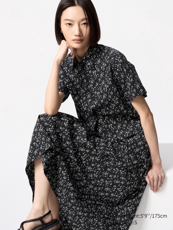 

Короткая хлопковая рубашка (принт, короткий рукав) Uniqlo, черный