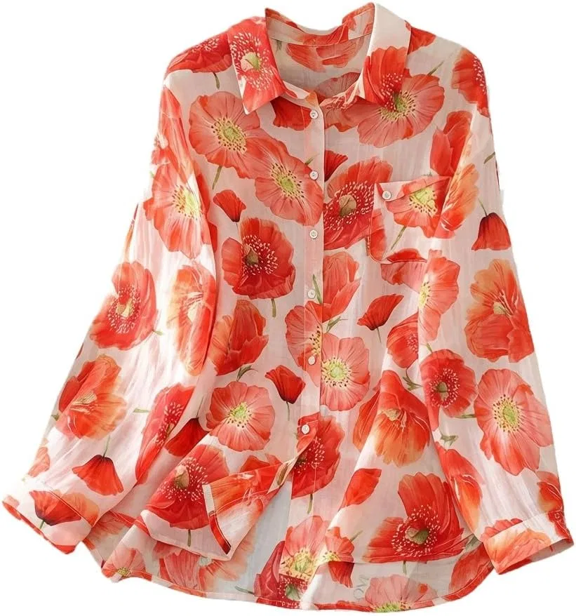 Футболка с цветочным принтом, свободный силуэт, Red apricot bottom — фото 2