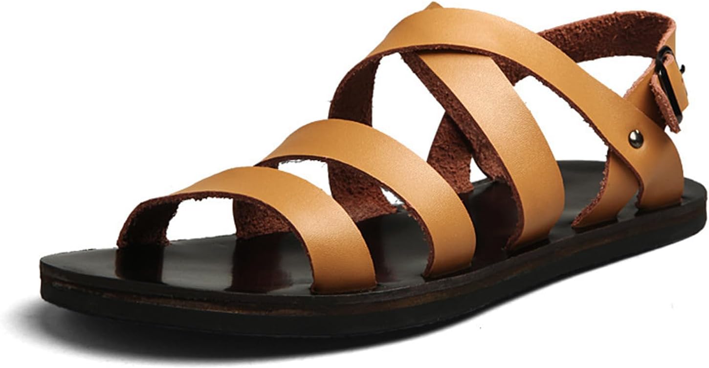 

Мужские кожаные сандалии с вырезами на плоской подошве, с регулируемой пряжкой на щиколотке, легкие, нескользящие гладиаторские сандалии, модные с открытым носком, для летнего пляжа Nejkg, коричневый