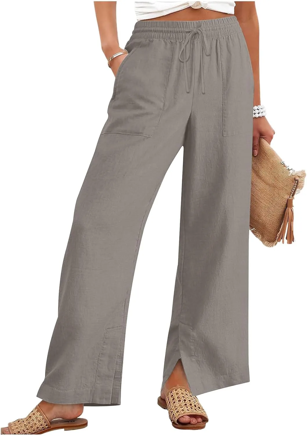 Льняные брюки Women 2026 Trendy Wide Leg с кулиской и эластичной резинкой на поясе, палаццо, летние, для пляжа и отпуска Generic, серый