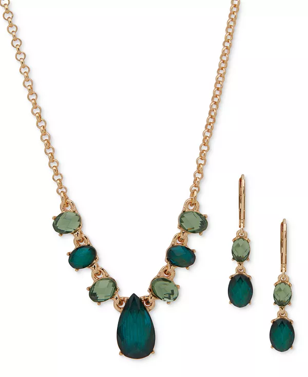 

Серьги-Подвески с золотыми камнями и фронтальное ожерелье, 16 дюймов + удлинитель 3 дюйма Anne Klein, green