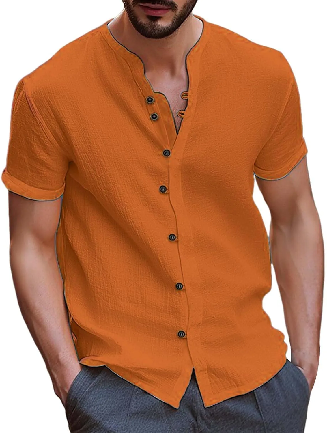 Мужская льняная рубашка с коротким рукавом на пуговицах casual regular fit для делового стиля лето пляж отпуск Generic, оранжевый