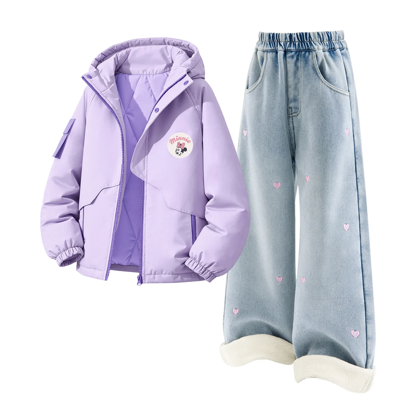Детская повседневная худи с капюшоном Disney, [Thickened and Fleece-Lined]Dini Round Hook-and-Loop K Soft Purple+Solid Color Denim Light Blue