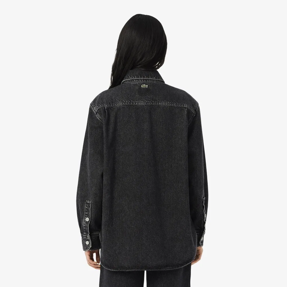 Рубашка-куртка Lacoste, джинсовая, свободного кроя, черная — фото 4