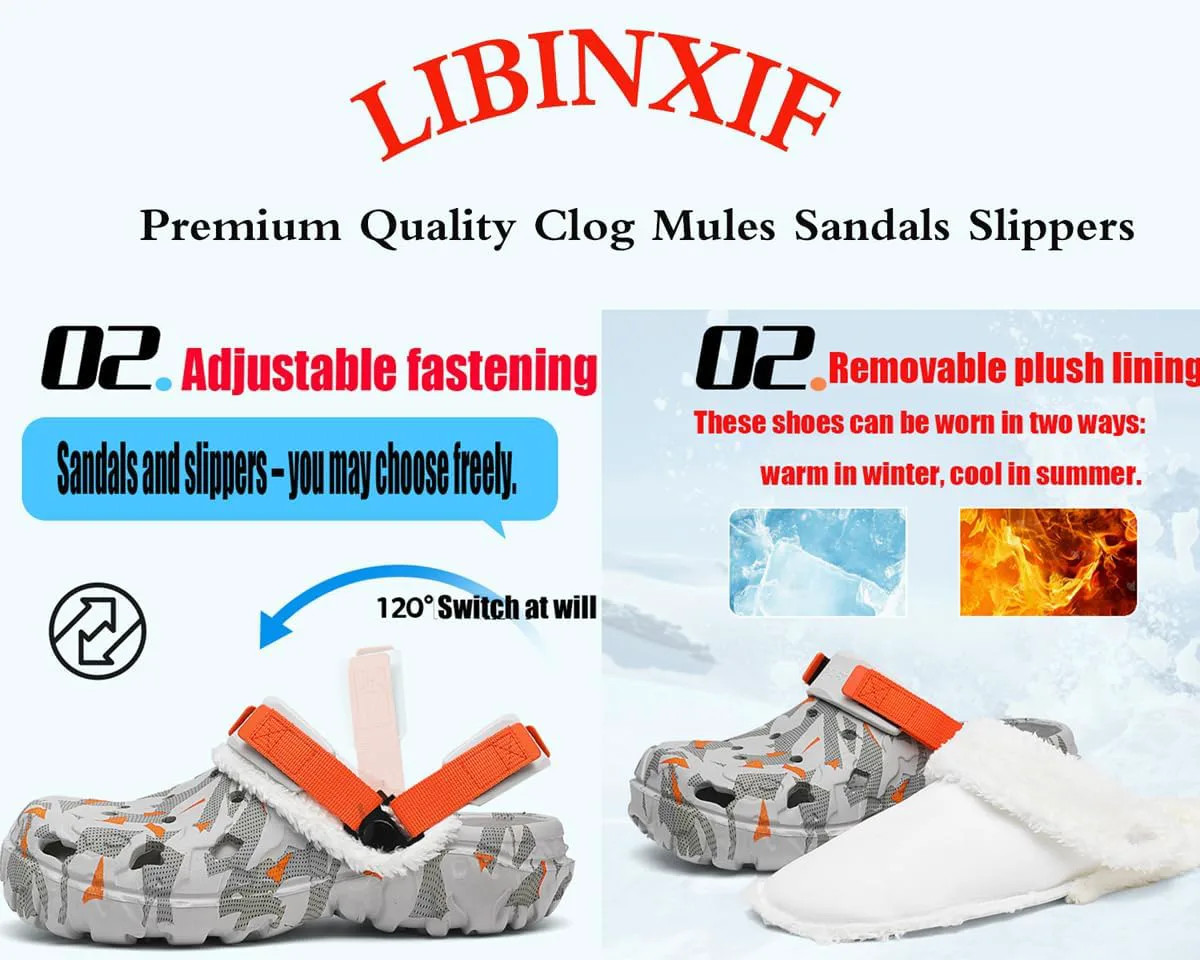 Мужские сабо LIBINXIF с меховой подкладкой, зимние мюли, без застежки, нескользящие садовые туфли для дома и улицы, белый — фото 4