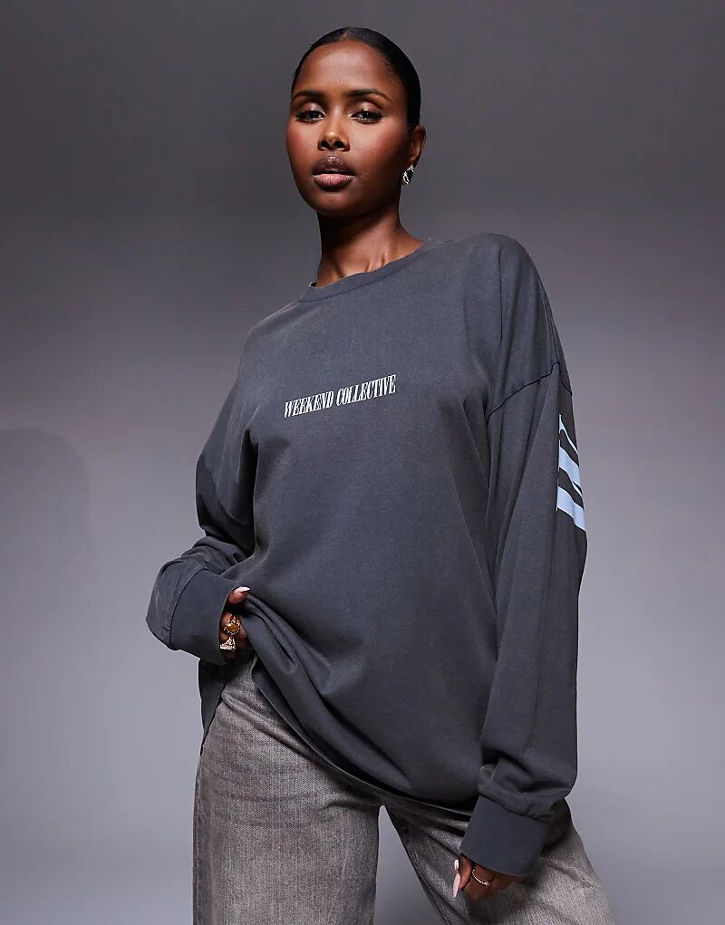 

Лонгслив Weekend Collective Icon свободного кроя с длинными рукавами и логотипом на спине в стираном угольно-сером цвете Asos Weekend Collective
