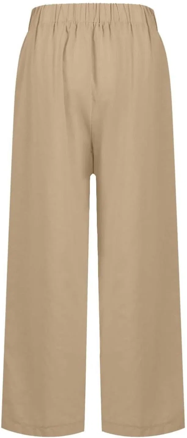 Женские широкие брюки из хлопка и льна, Khaki — фото 3