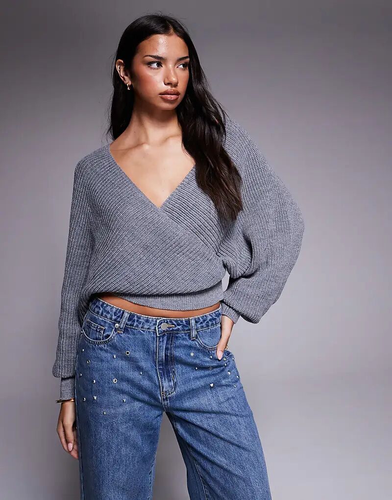 

Ребристый трикотажный джемпер Tiger Mist Raven с открытыми плечами, запахом спереди, объемным рукавом, серый