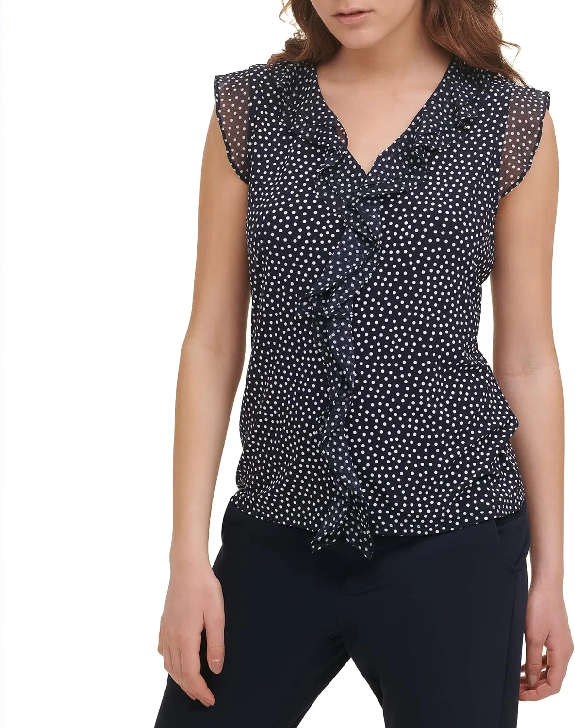 Блуза с оборками, Mixed Media Dot Ruffle Blouse, Tommy Hilfiger, темно-синий/слоновая кость
