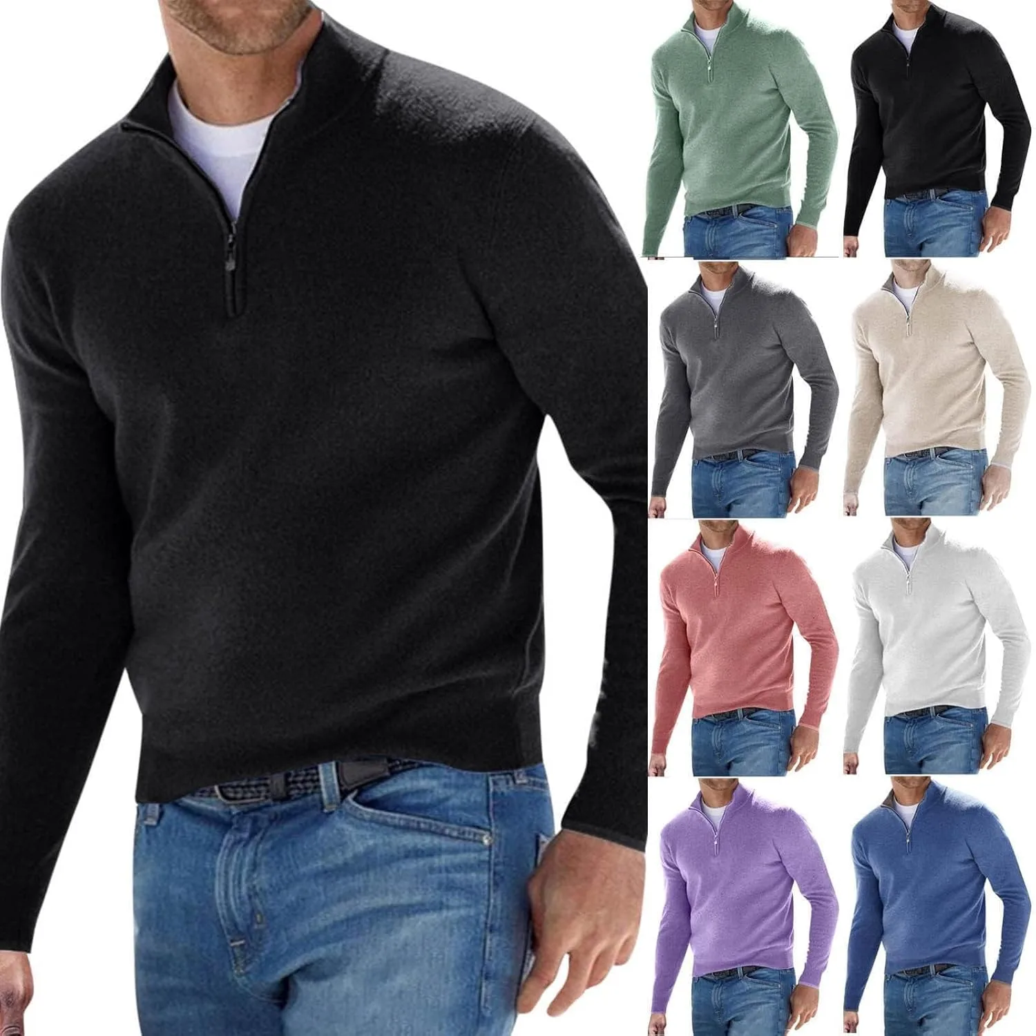 Мужской свитер с четвертью молнии, Slim Fit легкий воротник-стойка — фото 2