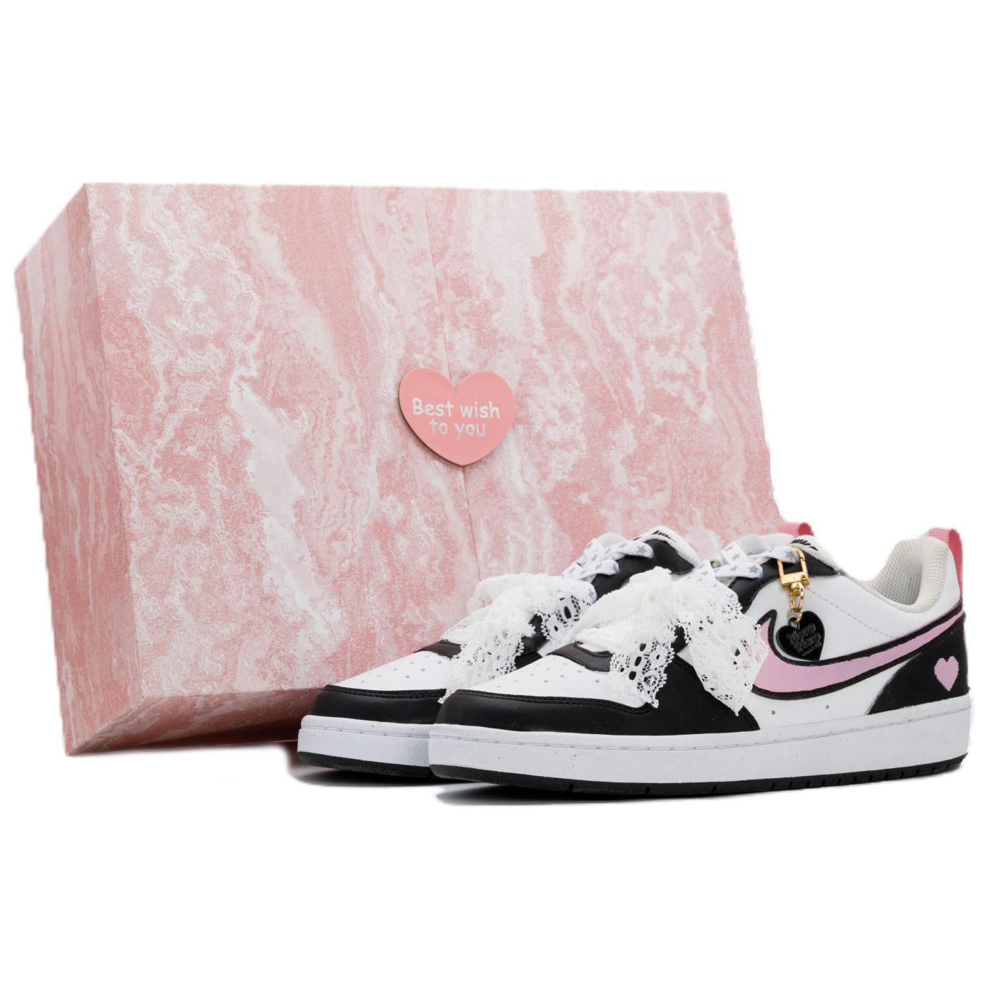 

Nike Низкие детские кроссовки для скейтбординга Court Borough Sweetheart Fault Box в комплекте, цвет: черный, белый, розовый, подростковый