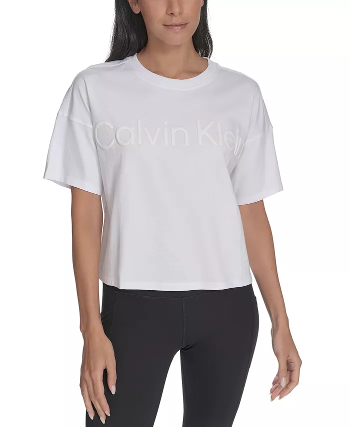 

Женская укороченная хлопковая футболка с рельефным логотипом Calvin Klein, белый