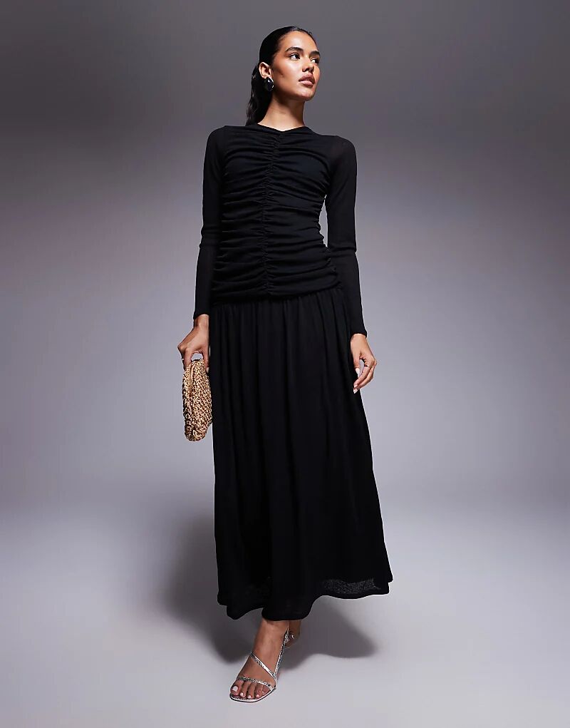 

Платье макси ASOS DESIGN с длинными рукавами и сборками спереди, черное