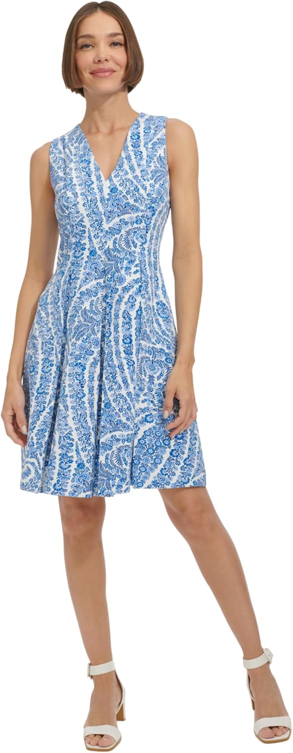 

Женское платье Tommy Hilfiger с V-образным вырезом и без рукавов, облегающее и расклешенное, Ivory/Amparo Blue