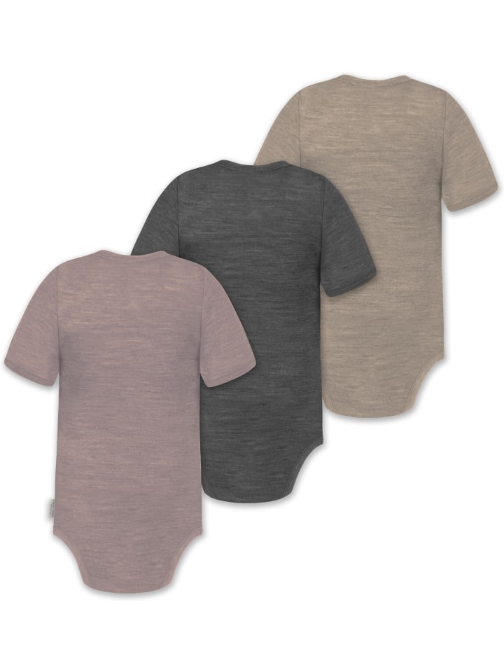 Normani Outdoor Sports Комплект из 3 унисекс детских комбинезонов с короткими рукавами и боди с короткими рукавами из мериносовой шерсти, с пуговицами, бежевого/антрацитового/розового цвета — фото 2