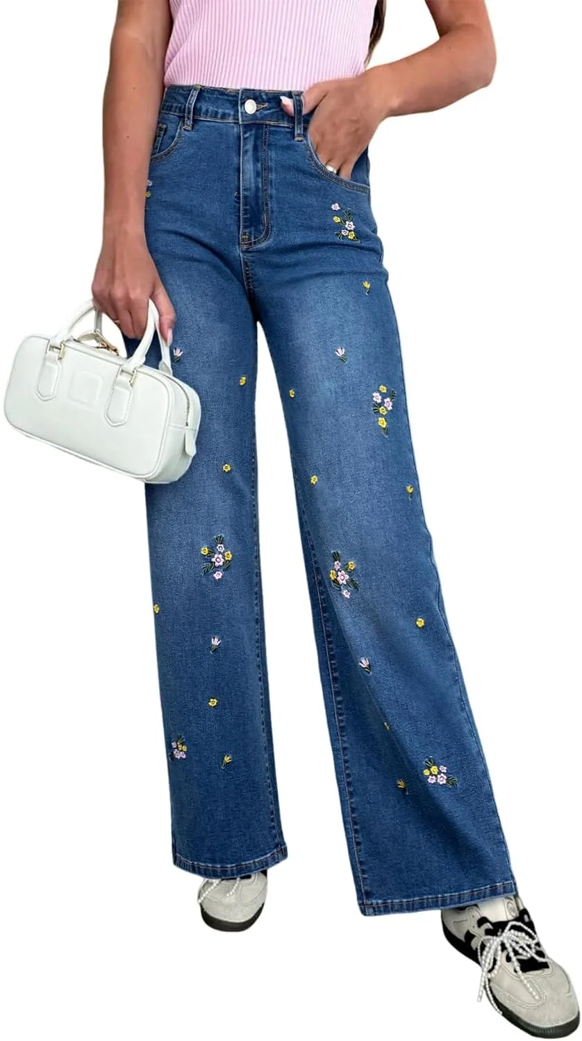 

Джинсы для женщин Iceland Blue с вышивкой цветов, прямые Loricete