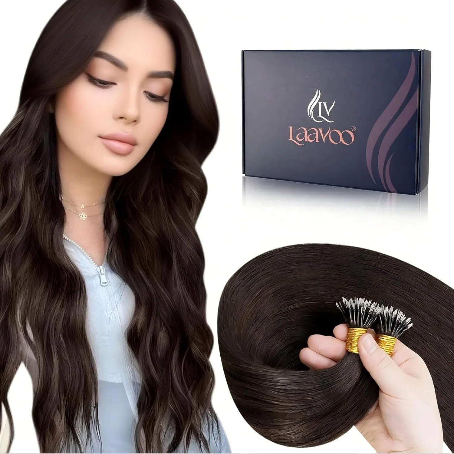 Нано-наращивание волос LaaVoo Real Hair Extensions, 45 см, темно-русый, 50 г Laavoo