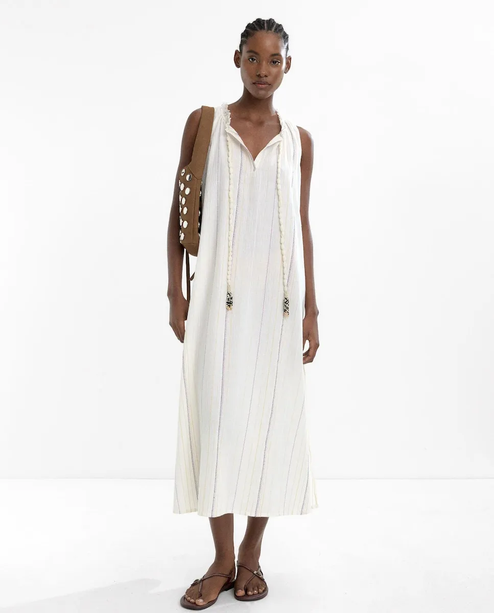 

Длинное платье из 100% хлопка с отделкой контрастной строчкой в полоску Parfois, пастельно-розовый