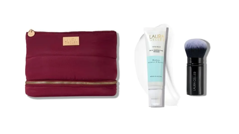 Праймер для макияжа Laura Geller New York Spackle, увлажняющий, + выдвижная кисть кабуки для аэрографа + стеганая косметичка с чехлом для кистей, бордовый.