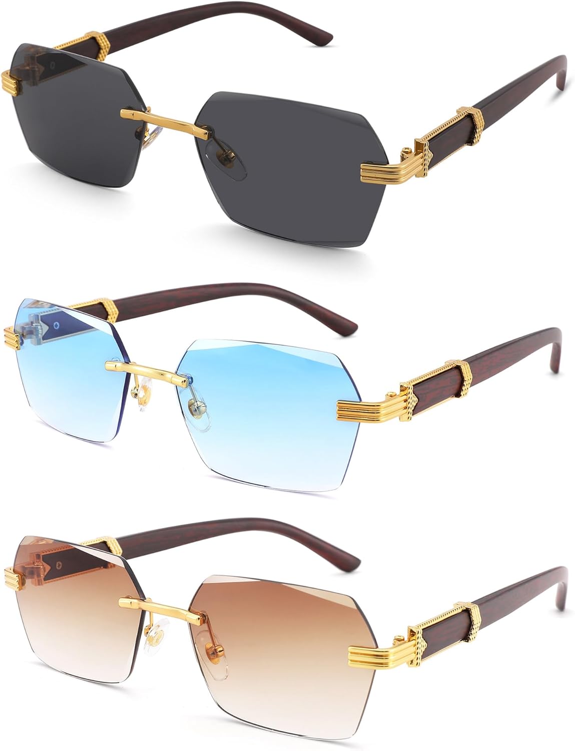 

Солнцезащитные очки Hycredi без оправы, прямоугольной формы, для мужчин и женщин, в стиле ретро, ​​без оправы, квадратной формы, солнцезащитные очки в стиле Y2k, тонированные очки, A3 * 3 Pack (Gray + Blue + Brown)