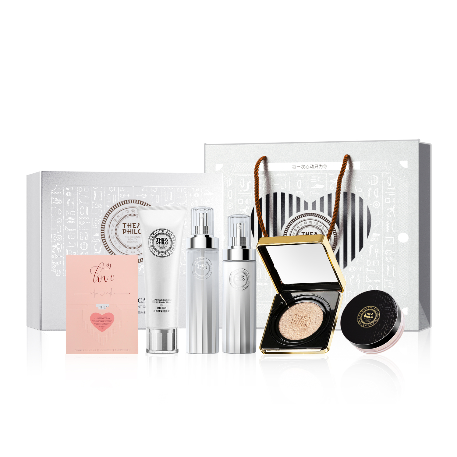 

Romantic Heartbeat Box Limited Edition Skincare Sets THEA PHILO, romantic heartbeat box[five-piece set-water+lotion+cleanser+айвори cushion+pearl shimmer loose powder]