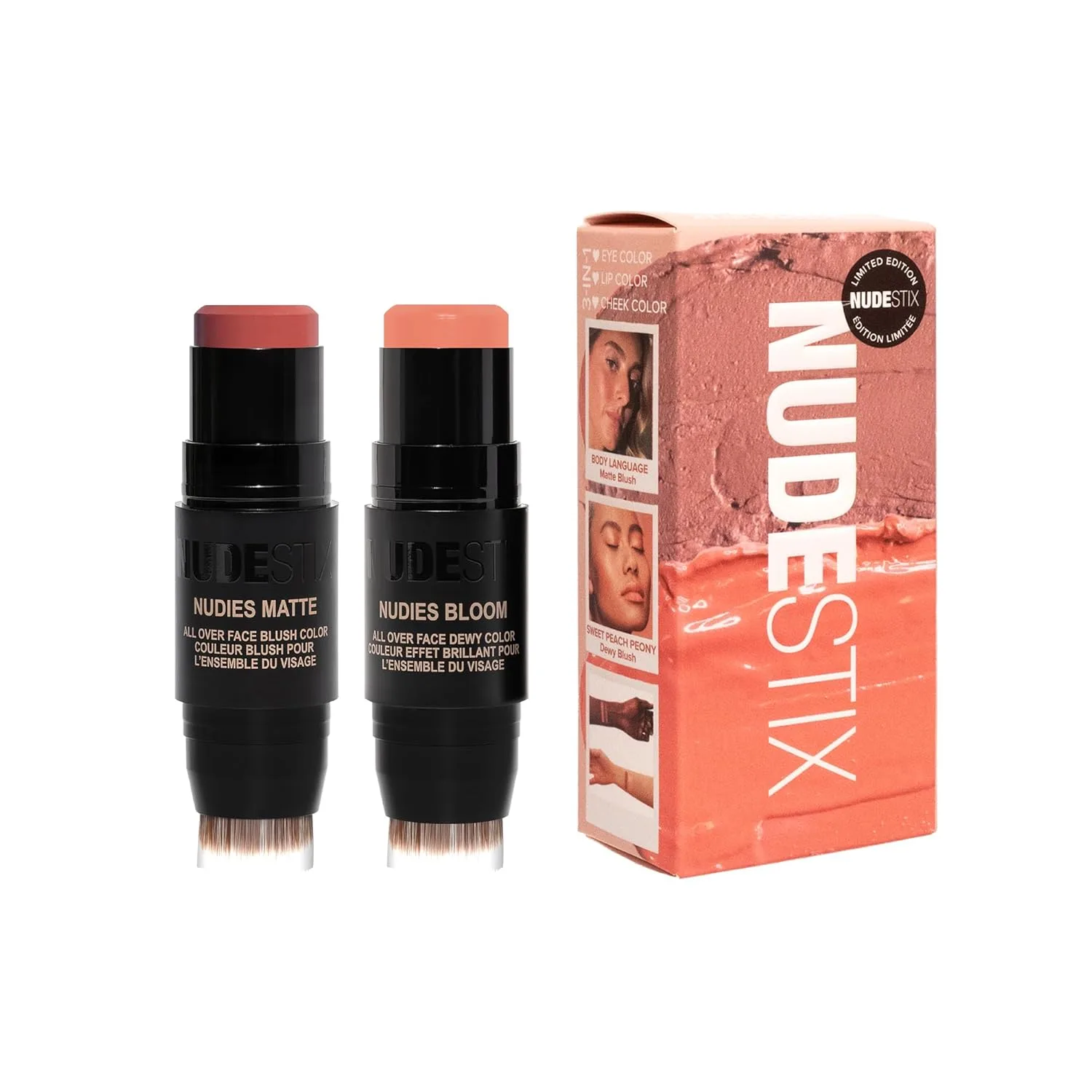 Набор кремовых румян-стиков Nudestix Pretty Nude Skin Kit - 2 оттенка для щек, глаз и губ | Включает Nudies Matte и Nudies Bloom | Подходит для всех оттенков кожи, Body Language, Sweet Peach Peony