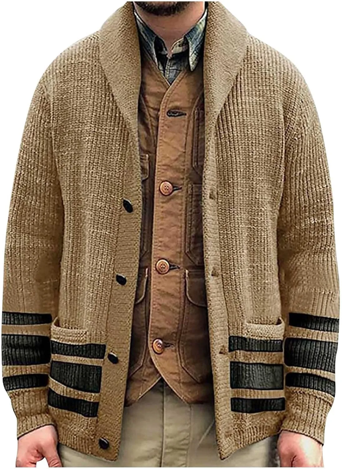 

Мужской кардиган XUNRYAN с кабельной вязкой, воротником-шалью и карманами