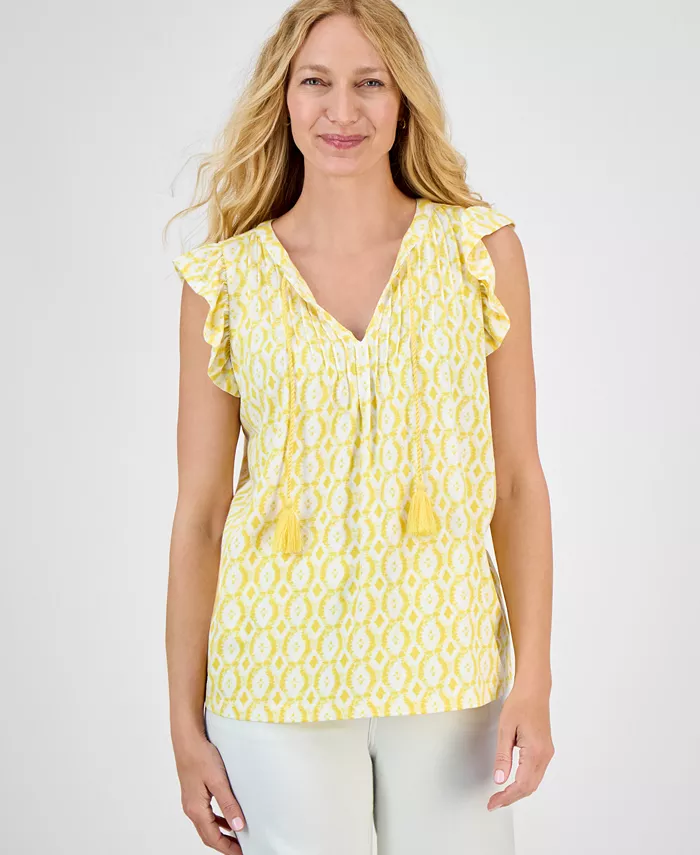 

Блузка с принтом, защипами и рукавами-рюшами Petite Printed Pintuck Ruffle-Sleeve Style & Co, желтый