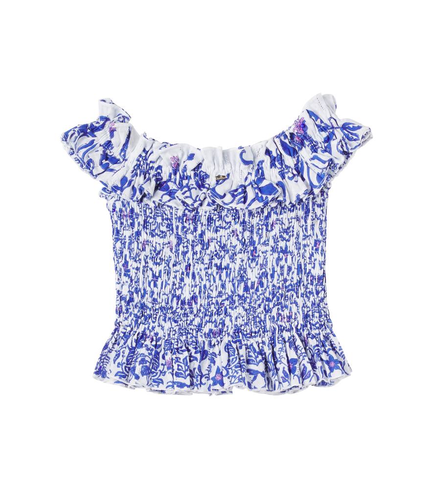Алица топ из хлопка со сборкой и цветочным принтом Poupette St Barth Kids, Blue Tiare — фото 3