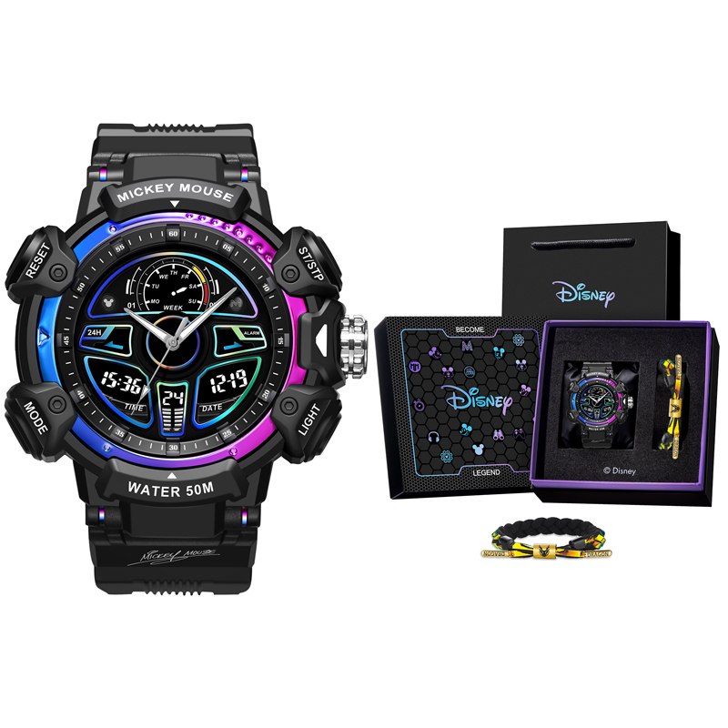 

Disney Часы Mickey Series Electronic Movement Rubber Strap Watch Men's Watch Black Dial, Racing Dashboard-Dazzling Purple Color[Disney Mickey Mouse Trendy and Cool Box-Includes Year of The Dragon Rope Bracelet]