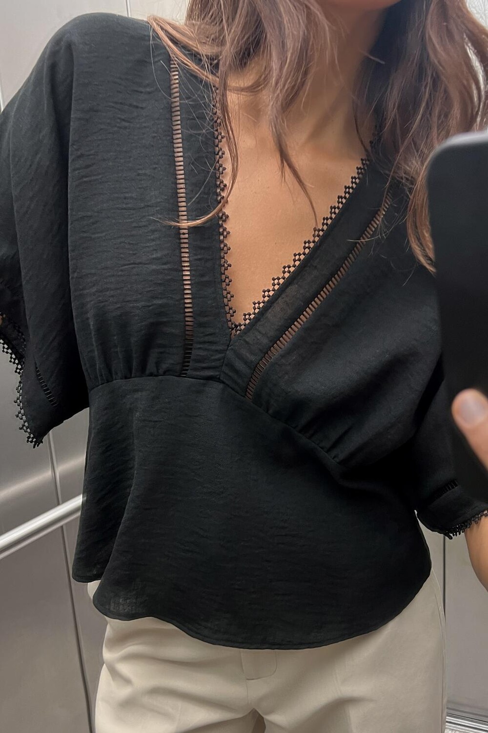 

Топ-кимоно с кружевной отделкой ZARA, черный