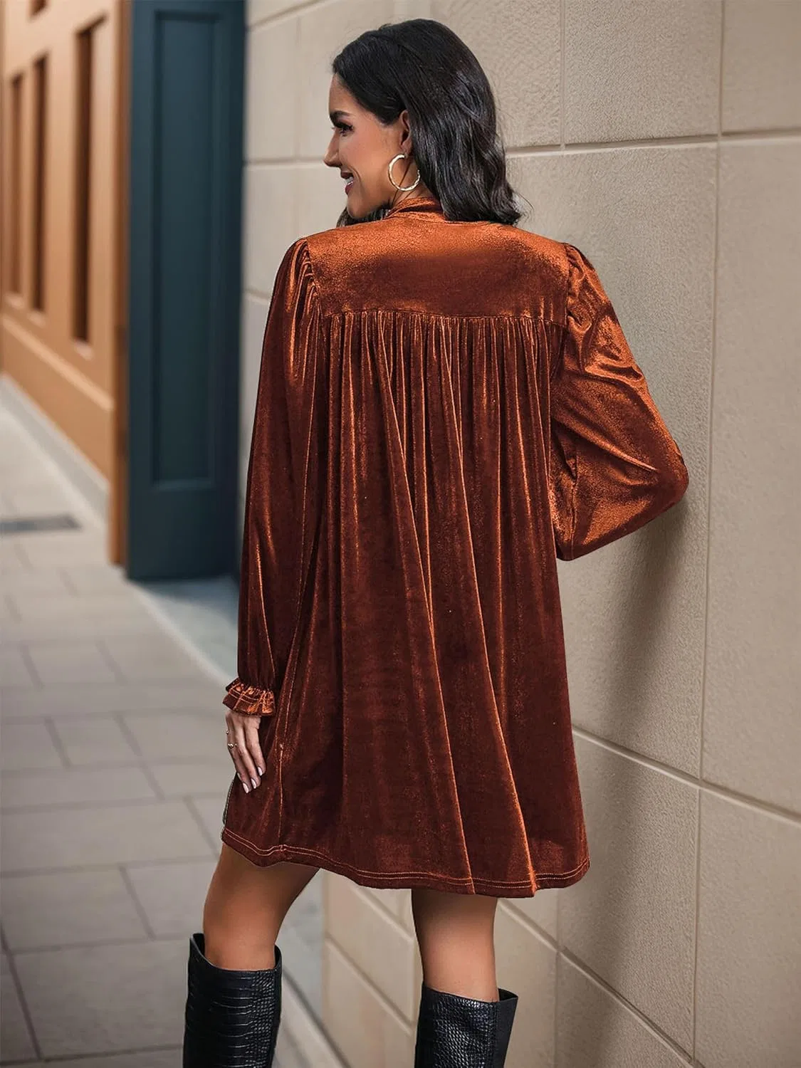 Женские платья, повседневные, с V-образным вырезом, длинными рукавами-фонариками, элегантные, однотонные, в винтажном стиле, с высокой талией, А-силуэта, модные платья — фото 2