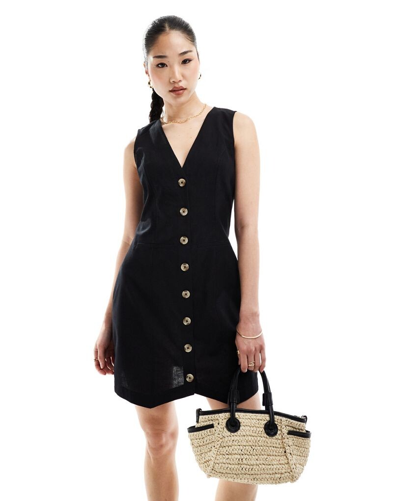 

Черное льняное платье с жилетом на пуговицах ASOS DESIGN