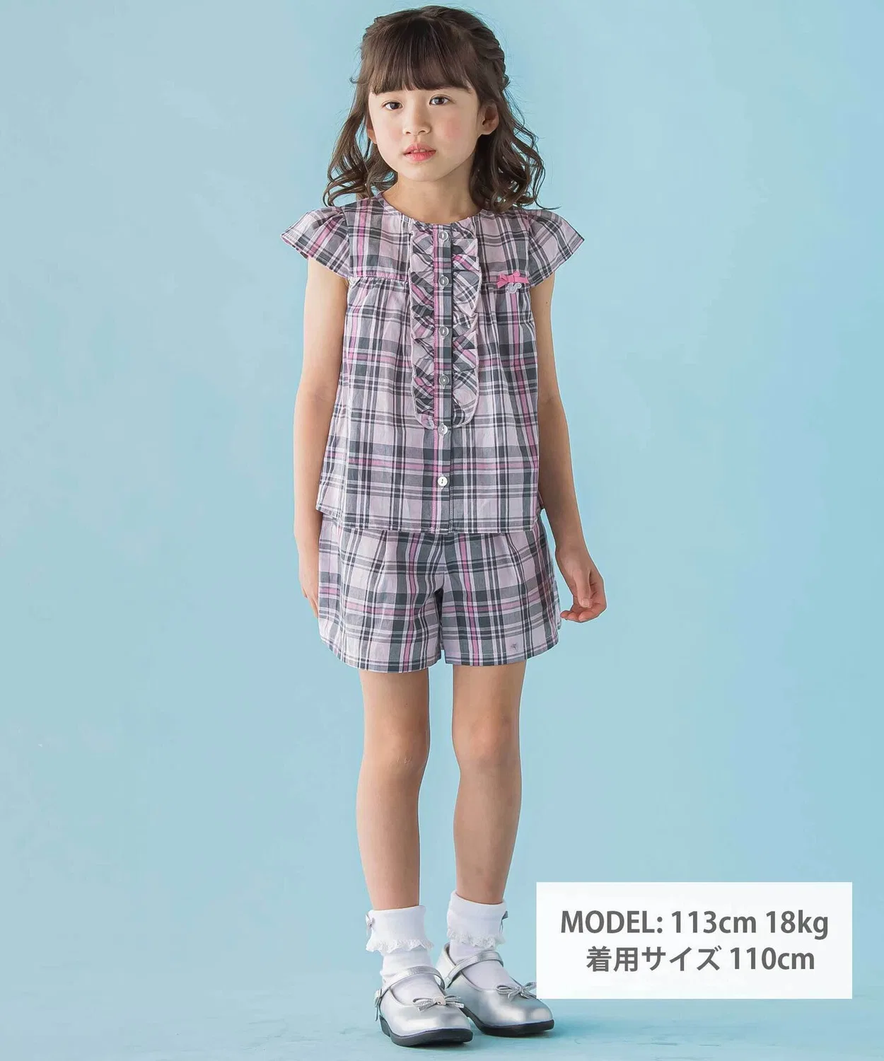 Детский костюм из блузки и шорт с клетчатым принтом BeBe Petits Pois Vert, синий — фото 2