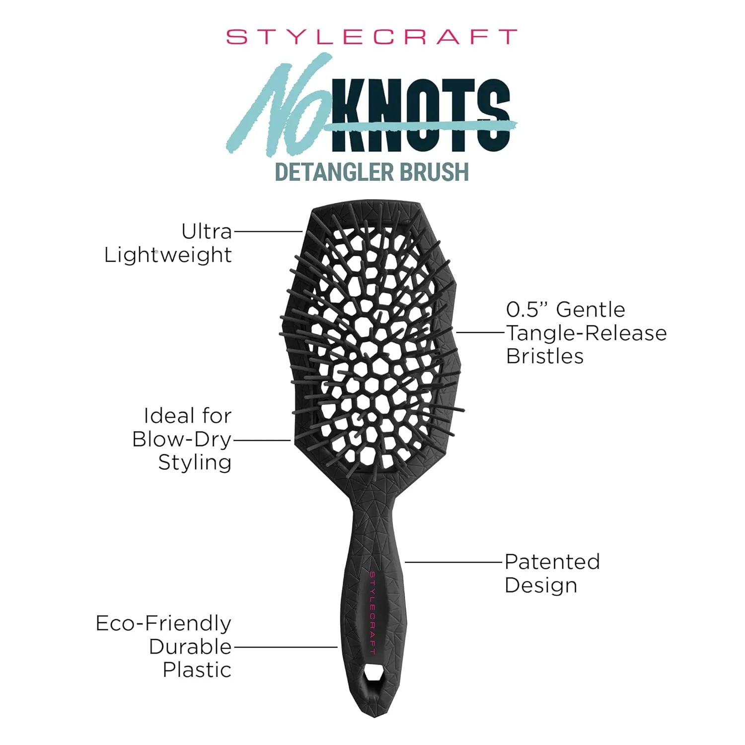 Расческа для распутывания волос StyleCraft NoKNOTS, расческа для распутывания волос без узлов, запатентованная конструкция, подходит для всех типов волос, экологичная щетка для ухода за волосами., Black — фото 2