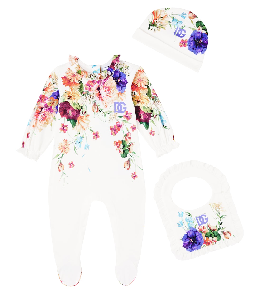 

Комплект для малышей DG: боди, слюнявчик и шапочка Dolce&Gabbana Kids, B. Fiori Cret. F Bco