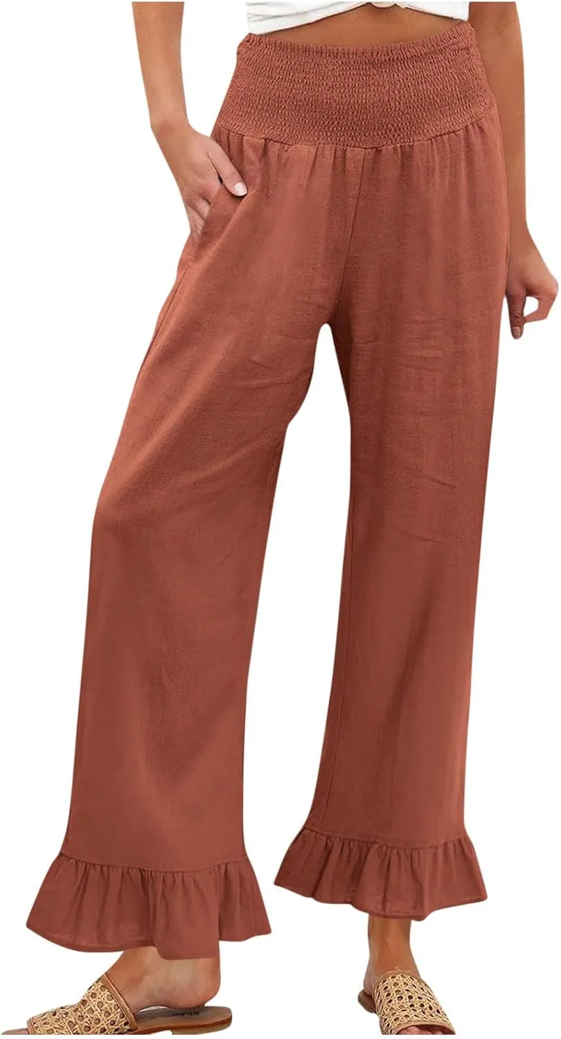 

Льняные брюки Women Plus Size летние широкие с присборенной талией и оборкой по низу