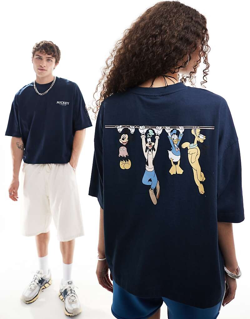 

ASOS DESIGN - Disney - объемная темно-синяя футболка унисекс с изображением Микки Мауса и друзей