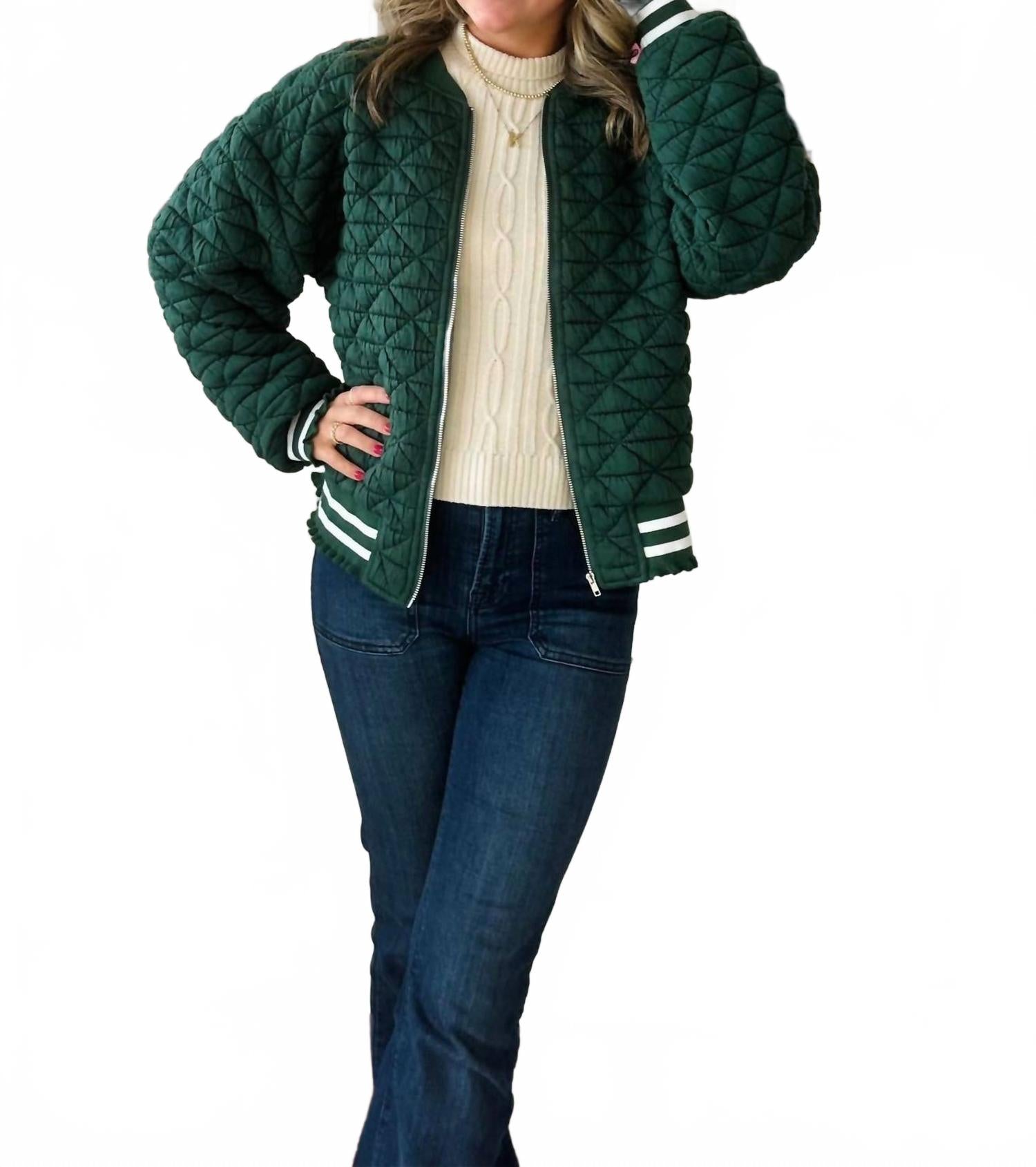 

Зеленая стеганая куртка-бомбер с полосатой отделкой Voy