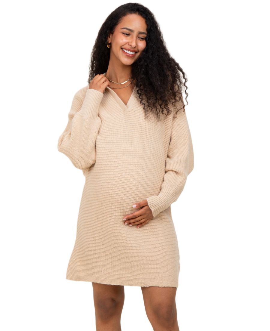 

Платье-свитер крупной вязки для беременных, бежевого цвета, с воротником Pinkblush, Taupe